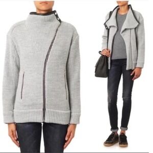 NWT IRO Chelane Grey Waffle Knit Moto Jacket Lamb Leather Trim Wool Blend Sz 38